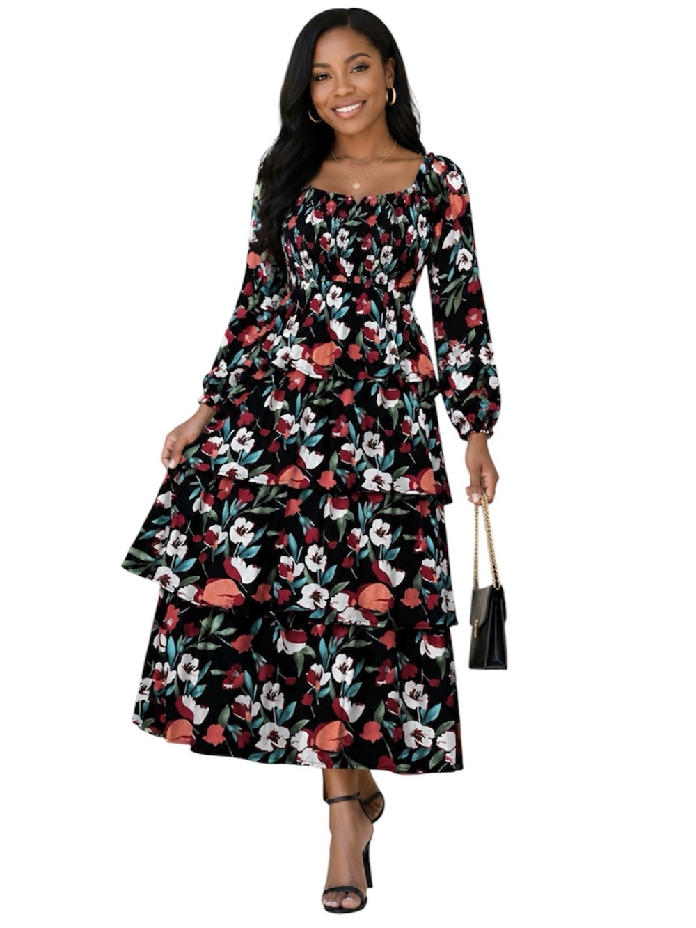 Merokeety Womens Black Floral Tiered Maxi Dress with Smocked Bodice Size: Large